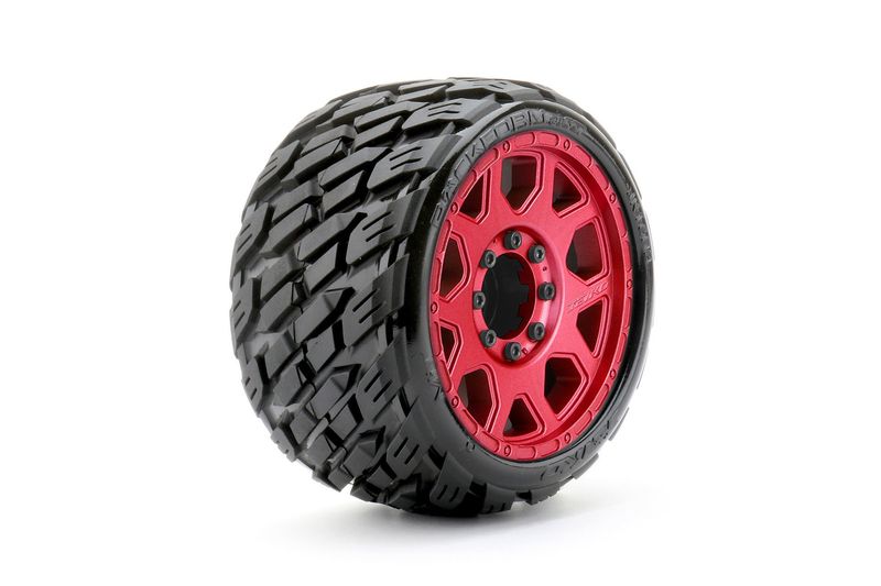 #JKO1603CRMSGBB2  Jetko Tires 1/8 SGT 3.8 EX-Rockform, Mounted on Metal Red Claw Rim, Medium Soft, Belted, Glued, 17mm 1/2" Offset