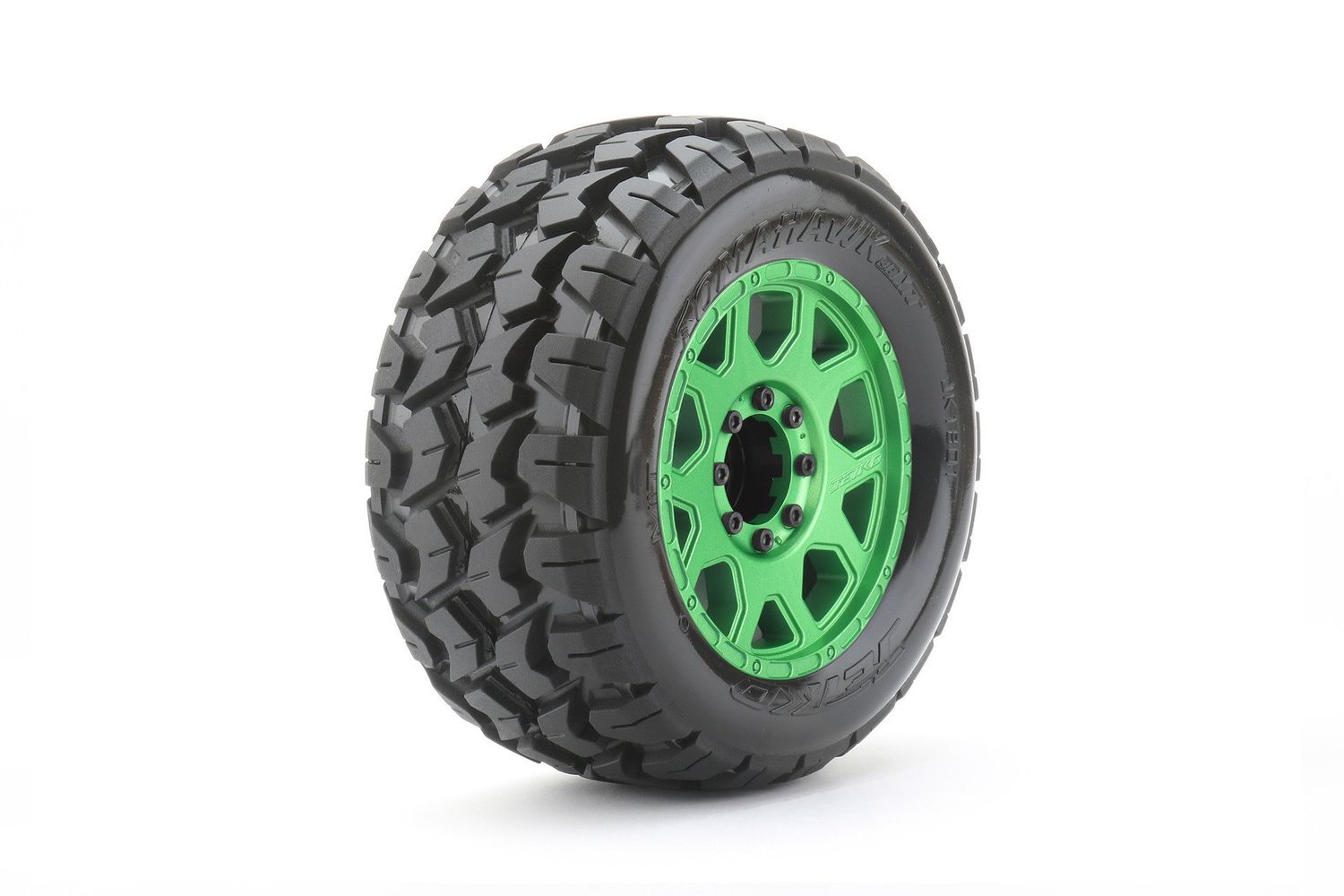 #JKO1801CGMSGBB2  Jetko Tires 1/8 MT 3.8 EX-Tomahawk, Metal Green Claw Rim, Medium Soft, Belted, Glued, 17mm 1/2" Offset