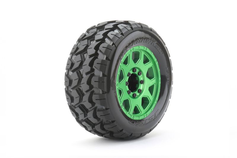 #JKO1801CGMSGBB2  Jetko Tires 1/8 MT 3.8 EX-Tomahawk, Metal Green Claw Rim, Medium Soft, Belted, Glued, 17mm 1/2" Offset