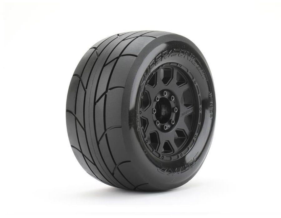 #JKO1804CBMSGBB2  Jetko Tires 1/8 MT 3.8" Super Sonic Tires Mounted on Black Claw Rims, Medium Soft, Belted, 17mm 1/2" Offset (2)
