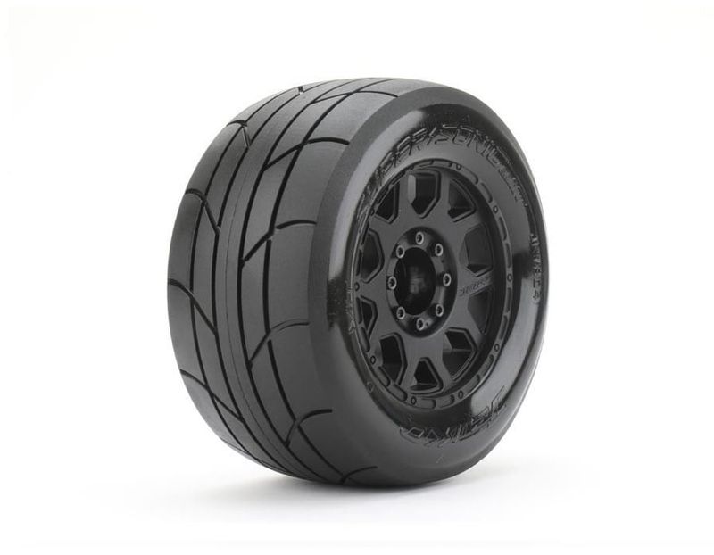#JKO1804CBMSGBB2  Jetko Tires 1/8 MT 3.8" Super Sonic Tires Mounted on Black Claw Rims, Medium Soft, Belted, 17mm 1/2" Offset (2)