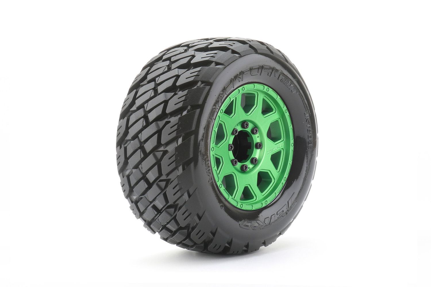 #JKO1803CGMSGBB2  Jetko Tires 1/8 MT 3.8 EX-Rockform, Mounted on Metal Green Claw Rim, Medium Soft, Belted, Glued, 17mm 1/2" Offset