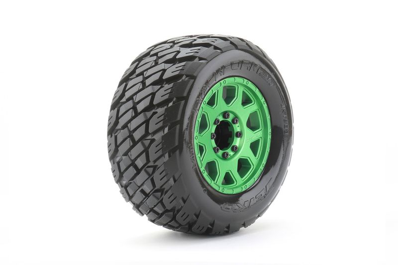 #JKO1803CGMSGBB2  Jetko Tires 1/8 MT 3.8 EX-Rockform, Mounted on Metal Green Claw Rim, Medium Soft, Belted, Glued, 17mm 1/2" Offset