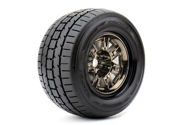 # ROPR4002-CB2  Roapex Trigger 1/8 Monster Truck Tires Mounted on Chrome Black Wheels, 1/2" Offset, 17mm Hex (1 pair)
