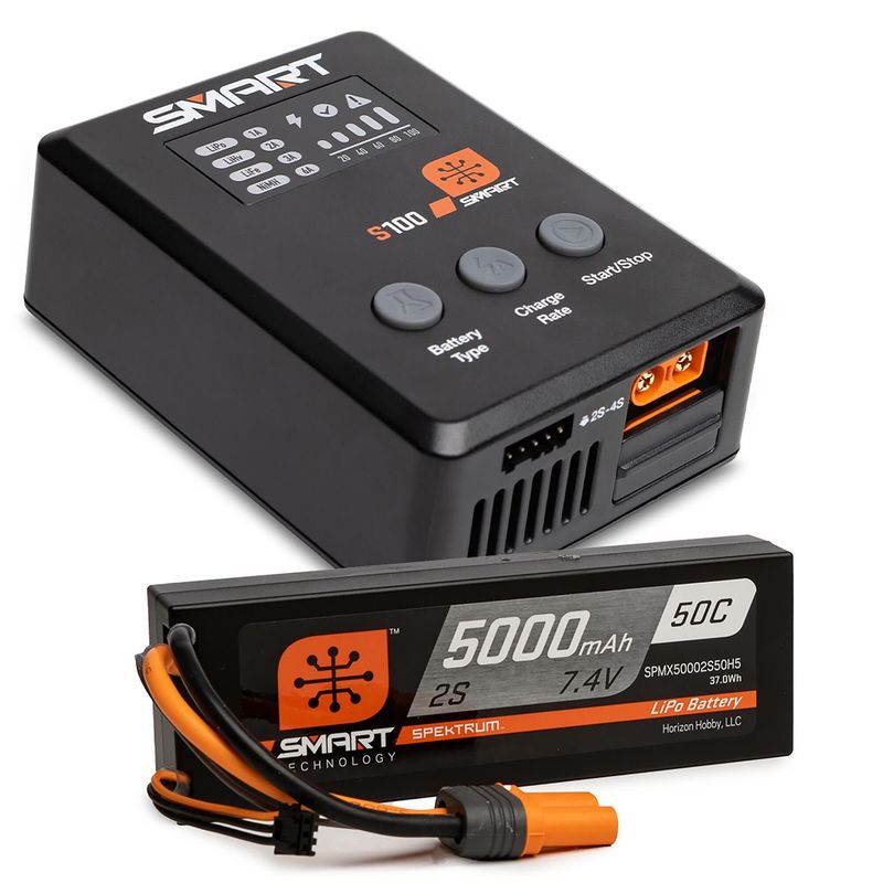 #SPMX-1032 Spektrum Smart Powerstage Surface Bundle: 5000mAh 2S 50C LiPo Battery (IC5)/100W S100 Charger