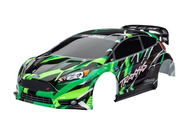 #7427-GRN TraxxasBody, Ford Fiesta® ST Rally VXL, green (painted, decals applied) (assembled with rear wing, body support, &amp; body mount latches for clipless mounting)