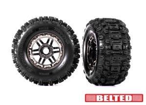 #8979A Traxxas Tires &amp; wheels, assembled, glued (black chrome wheels, belted Sledgehammer® All-Terrain tires, dual profile (2.9" outer, 3.8" inner), foam inserts) (2) (17mm splined) (TSM® rated)