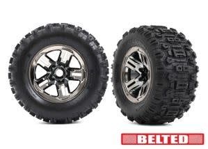 #9573A  Traxxas Tires &amp; wheels, assembled, glued (3.8" black chrome wheels, belted Sledgehammer® tires, foam inserts) (2)