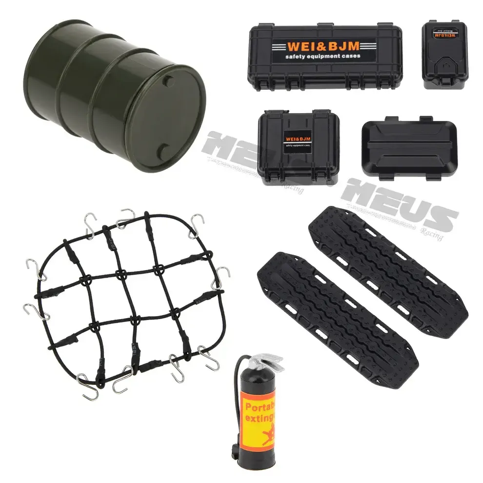 #HD0069-SCX24-D-BLACK Meus Racing Decoration Parts Plastic Oil Drum Luggage Traction Board Ramps Restoring Sand Ladder Luggage Net for 1/18 TRX4M &amp; 1/24SCX24 - BLACK