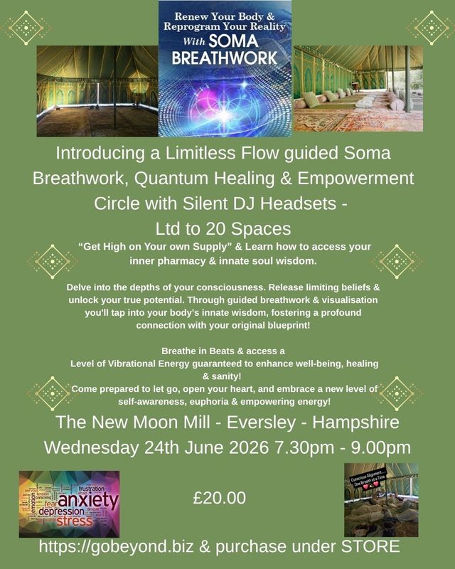 Limitless Flow Breathwork & Empowerment Wednesday 24th June 2026 7.30pm -8.30pm Hampshire Venue Limitless Flow Breathwork & Empowerment Wednesday 24th June 2026 7.30pm -8.30pm Hampshire Venue