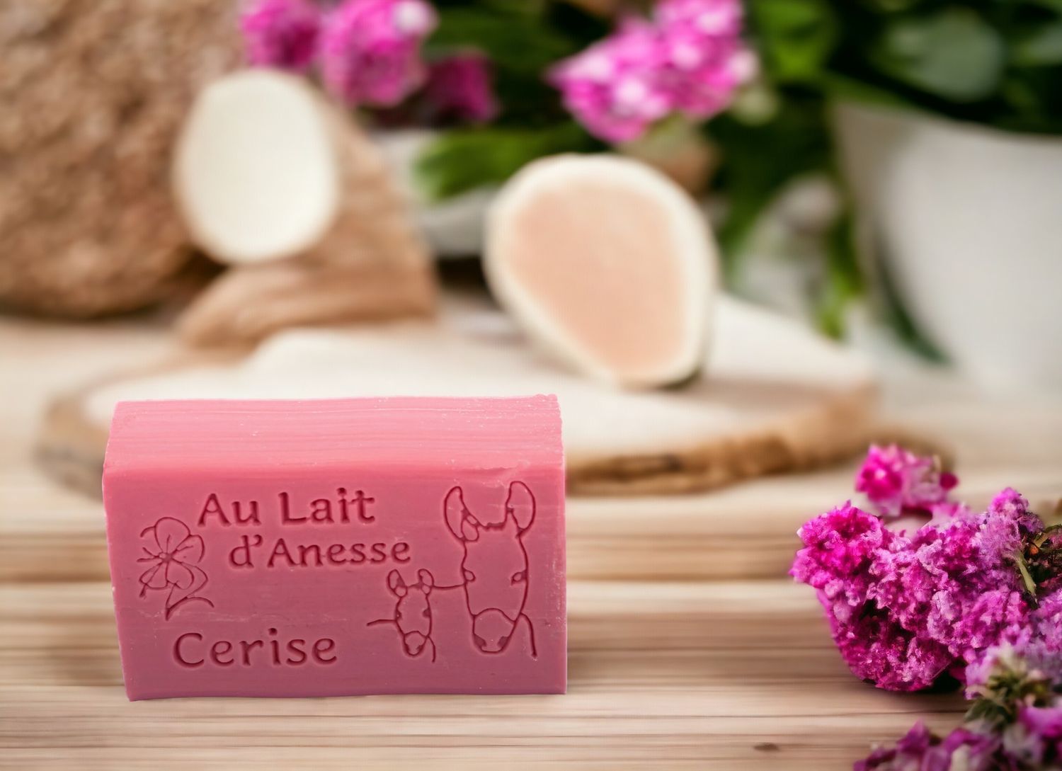 Savon enrichie de 8% de lait d'ânesse bio , parfumé de la Cerise