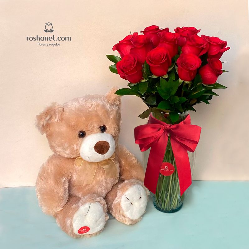 Jarrón de 12 rosas rojas y peluche