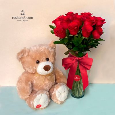Jarrón de 12 rosas rojas y peluche