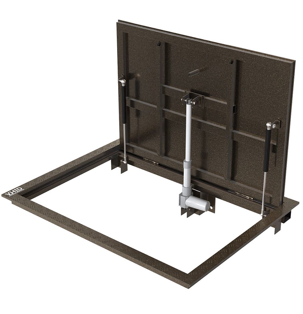 Technical floor hatch for premises, with a corrugated steel sheet lid, opening with the help of an electric actuator, mod. Electric PANZER. Black steel