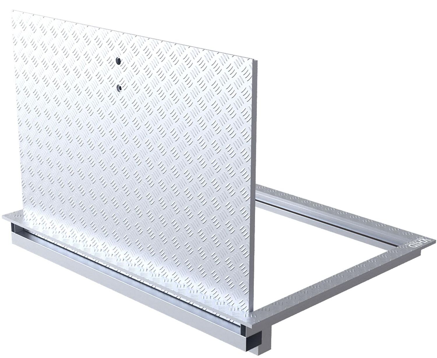 Technical floor hatch made of stainless steel for premises, with a corrugated steel sheet lid, opening with gas shock absorbers, mod. PANZER