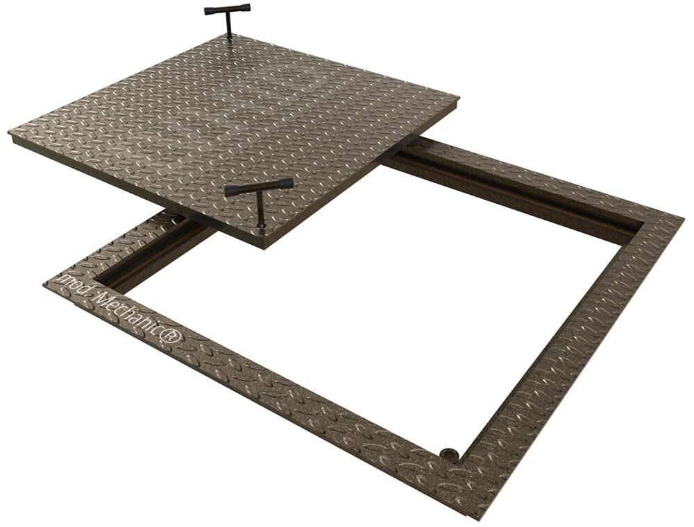 Technical floor hatch made of black steel with a corrugated steel lid, removable manually, mod. Mechanic
