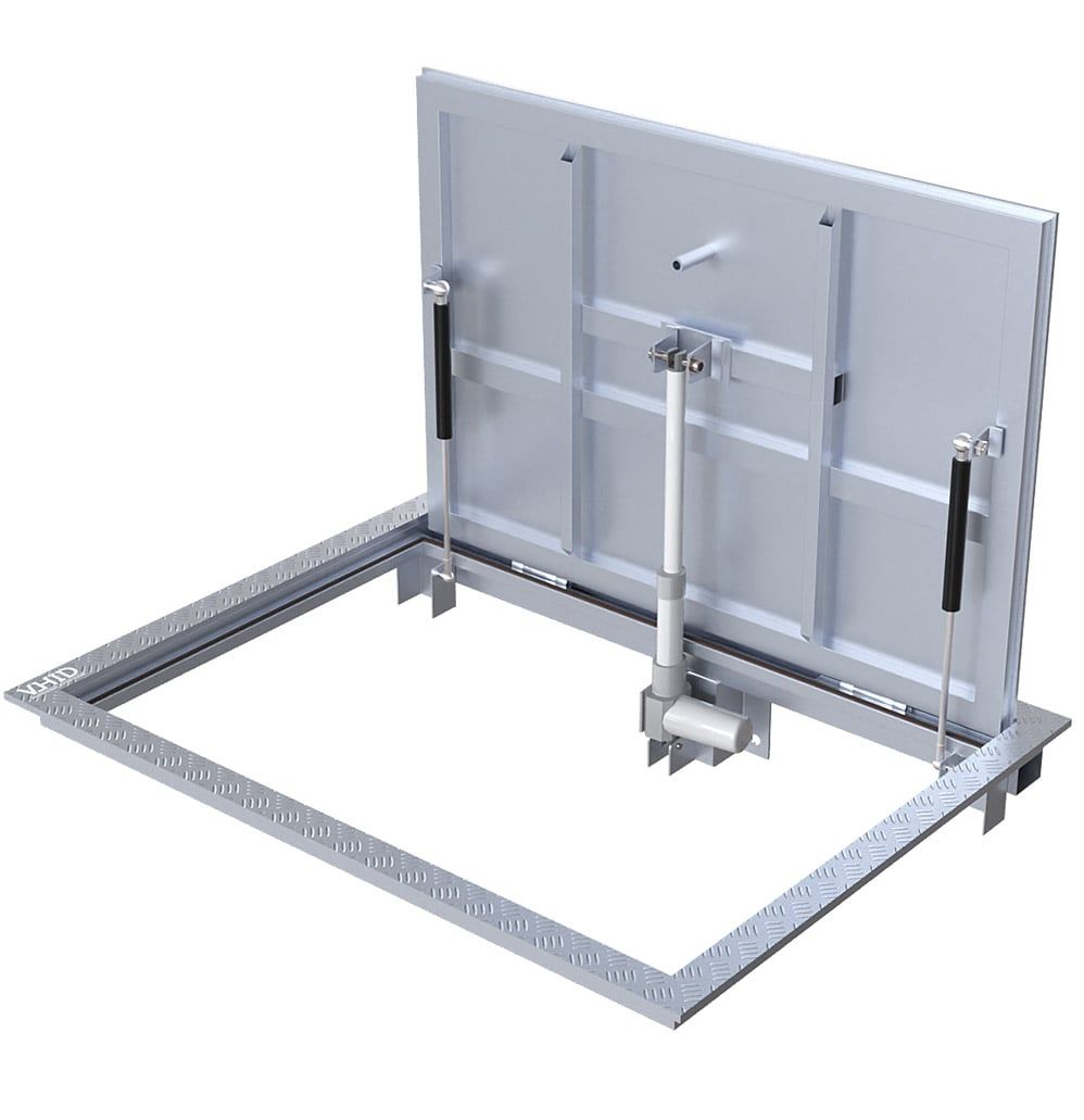 Technical floor hatch for premises, with a corrugated steel sheet lid, opening with the help of an electric actuator, mod. Electric PANZER. Stainless steel