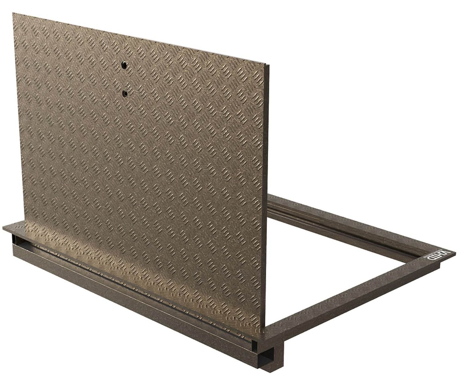 Technical floor hatch made of black steel for premises, with a corrugated steel sheet lid, opening with gas shock absorbers, mod. PANZER