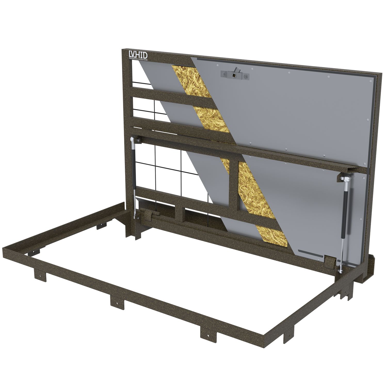 Floor hatch with an insulated lid that opens with adjustable gas springs and a damper, mod. MARAUS. Black Steel