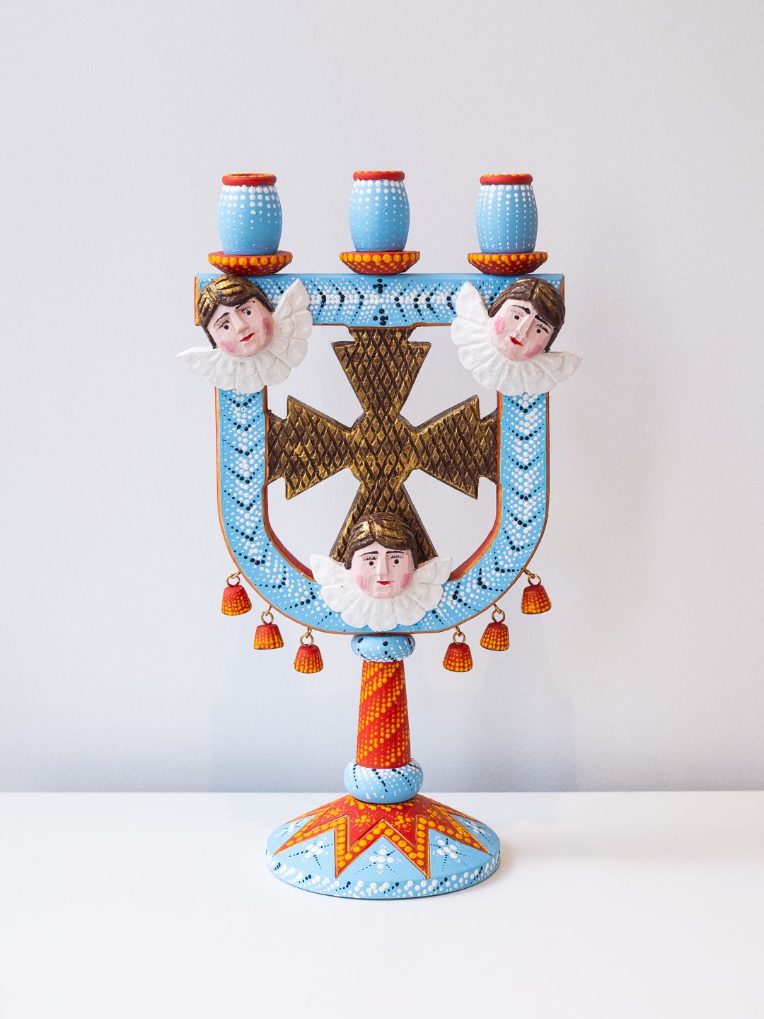 Wooden candlestick, Color: Orange/Blue