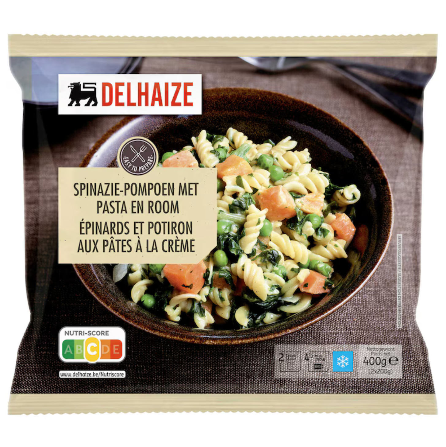 Delhaize Spinazie-Pompen met Pasta en Room