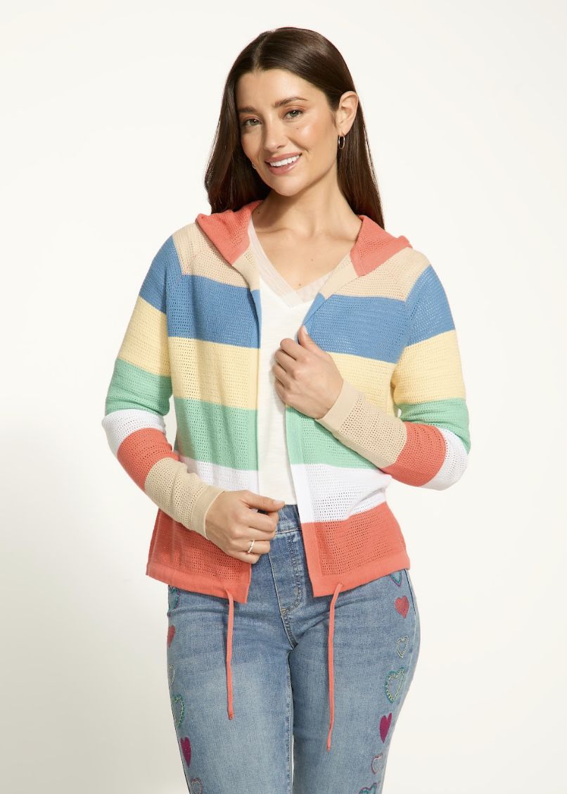 Striped Hooded Pointelle Cardigan