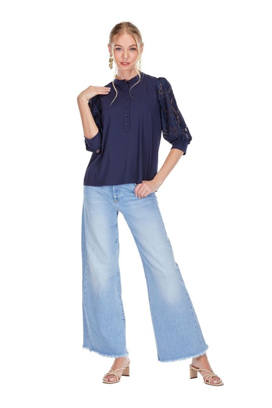 Navy Lace Sleeve Top