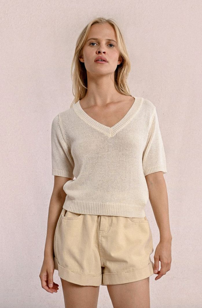 Cream V-Neck Knit Sweater
