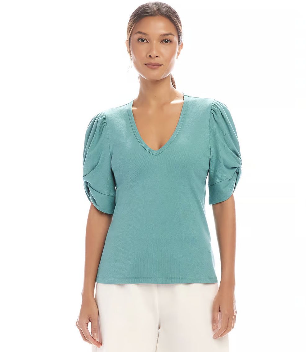 Aqua Ribbed Twist-Sleeve Top