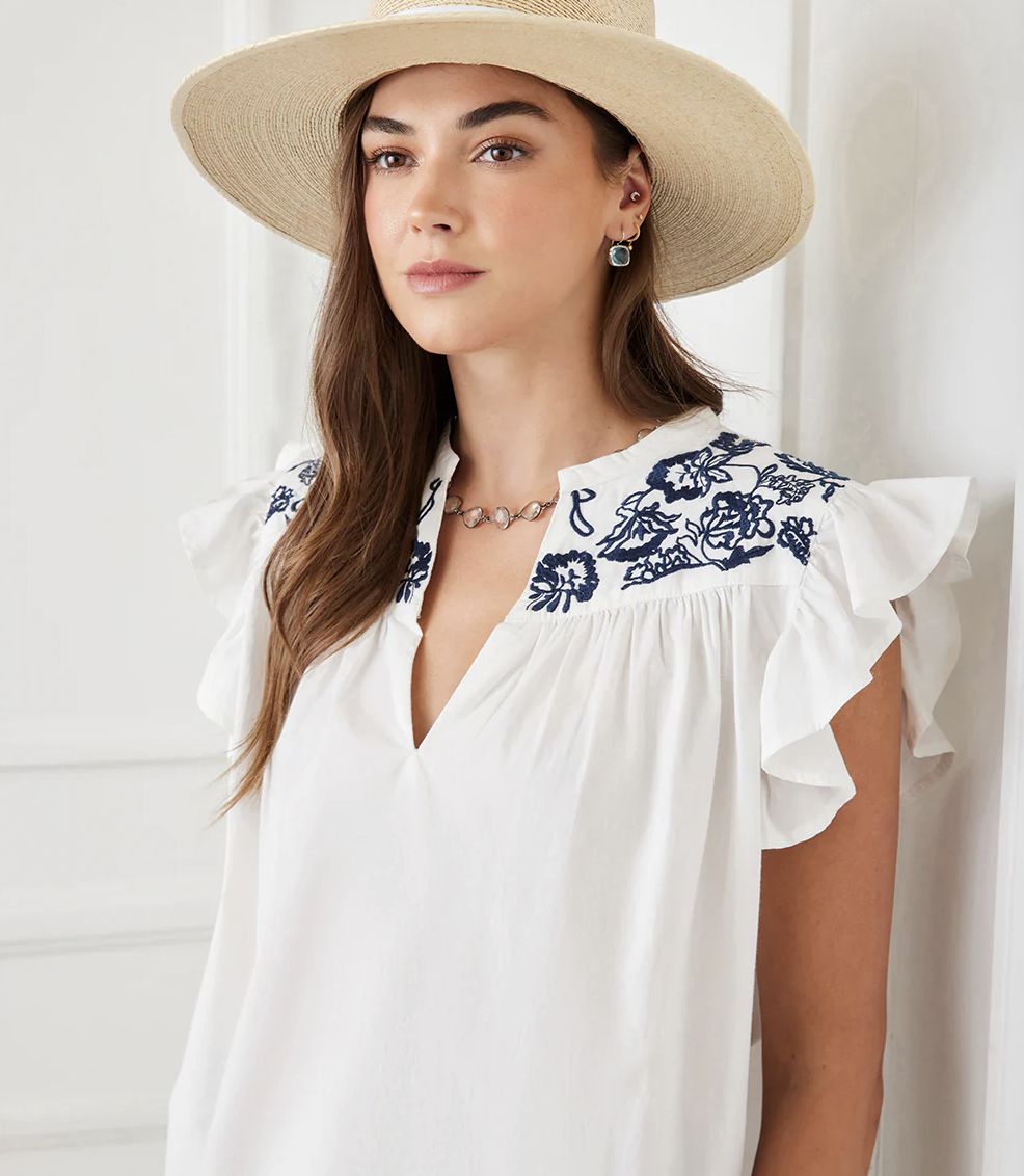 Navy Embroidered Ruffle Sleeve Top