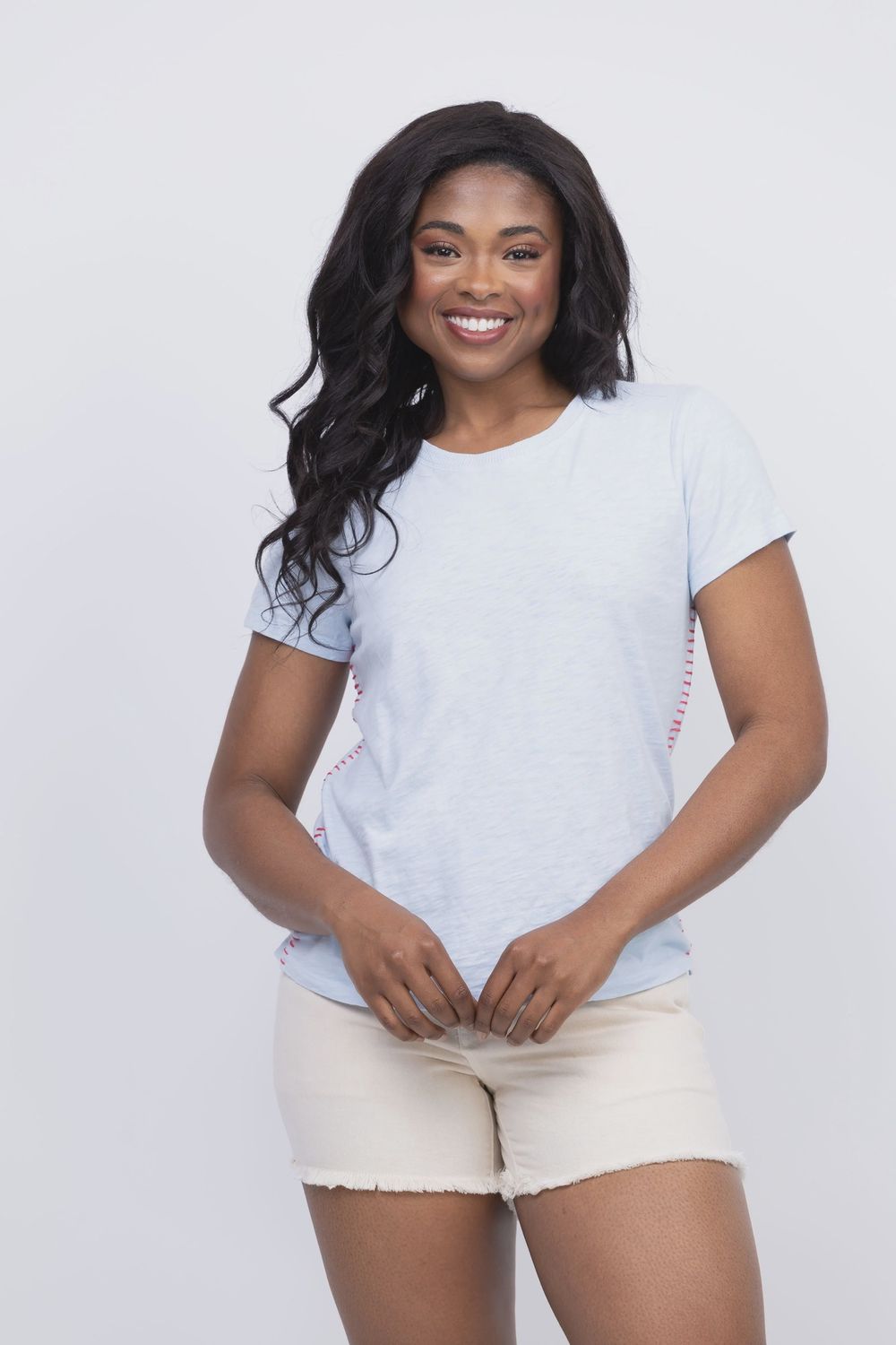 Sky/Poppy Stitched Crew Tee