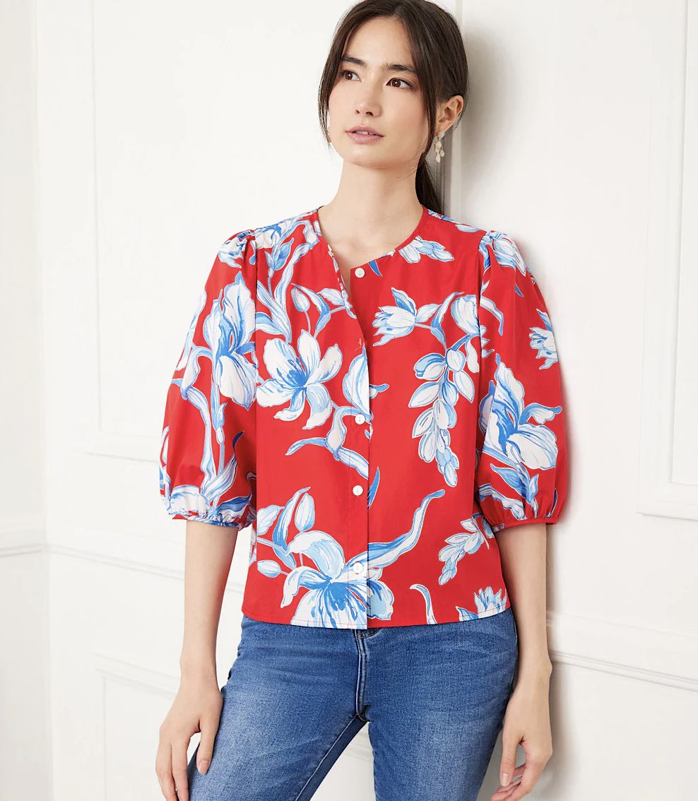 Cherry Floral Puff-Sleeve Top