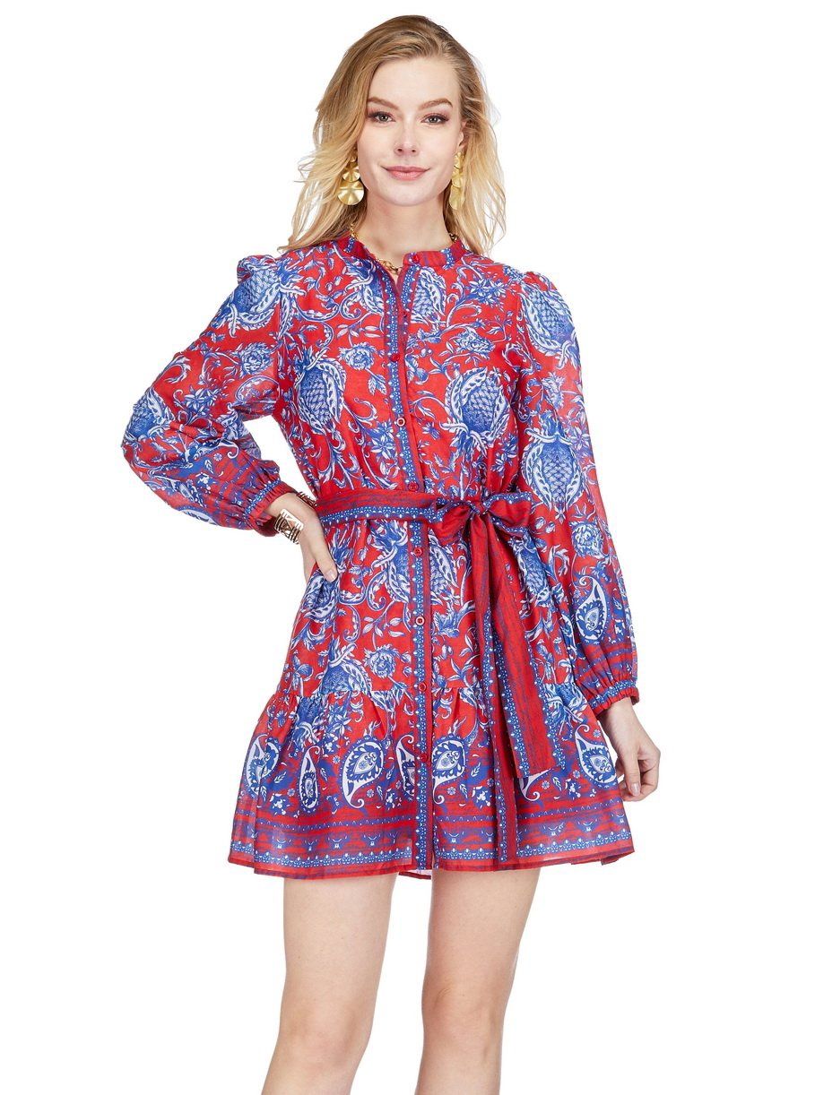 Red Button-Front Flutter Hem Dress