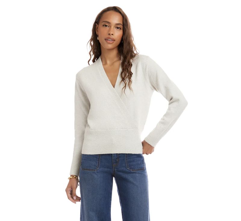 Cream Sequin Wrap Sweater