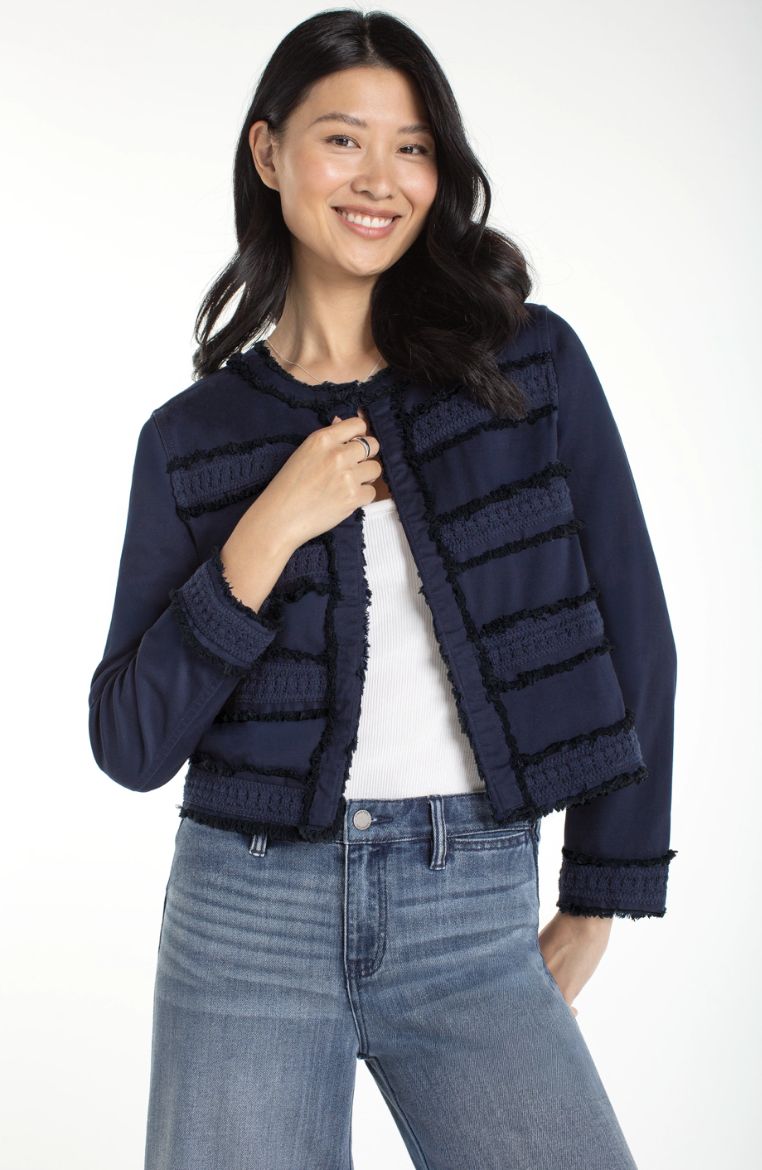 Navy Collarless Jacket w/ Fringe