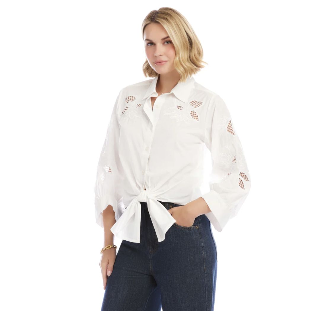 White Embroidered Tie-Front Top