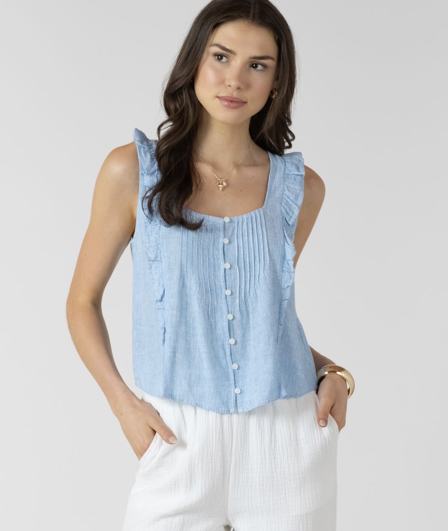 Blue Pintuck Ruffle Tank