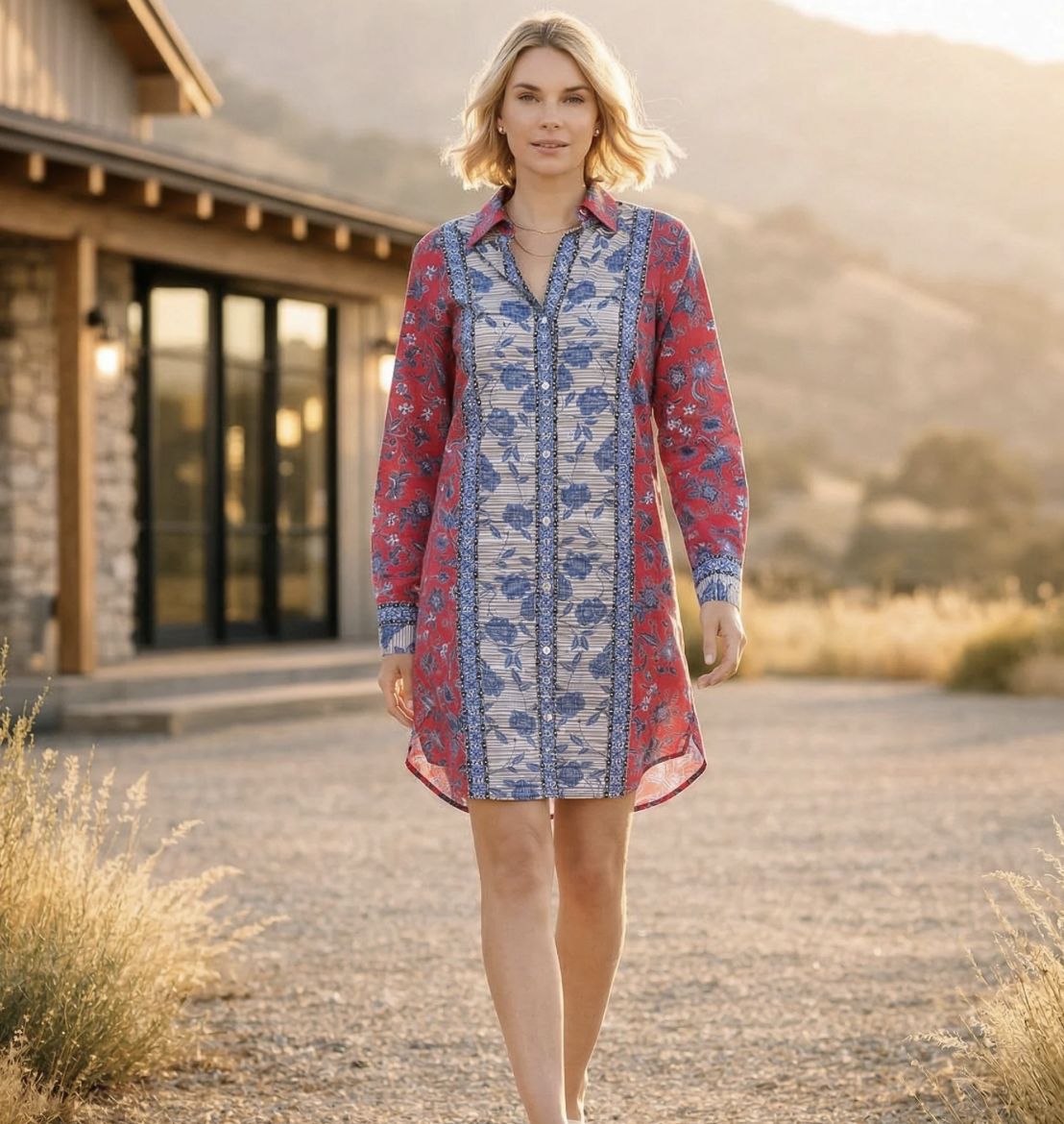Red Border Print Shirtdress