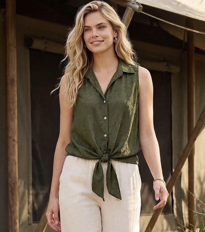 Olive Crinkle Tie-Front Top