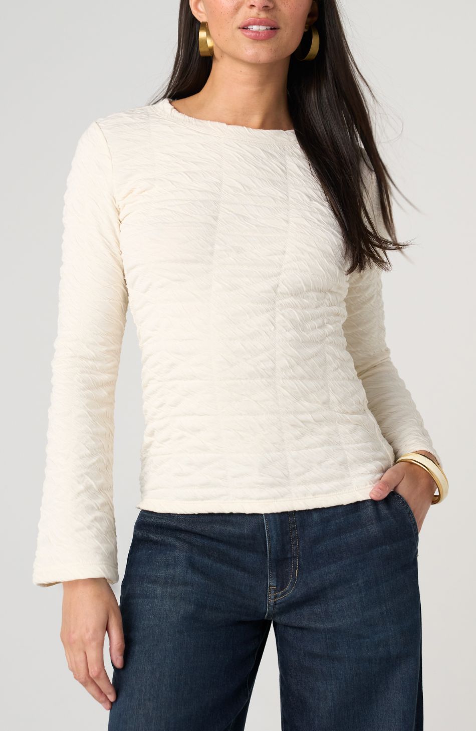 Cream Textured LS Crew