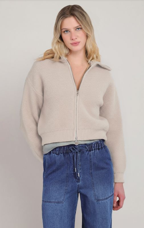Beige Wide-Collar Zip Sweater