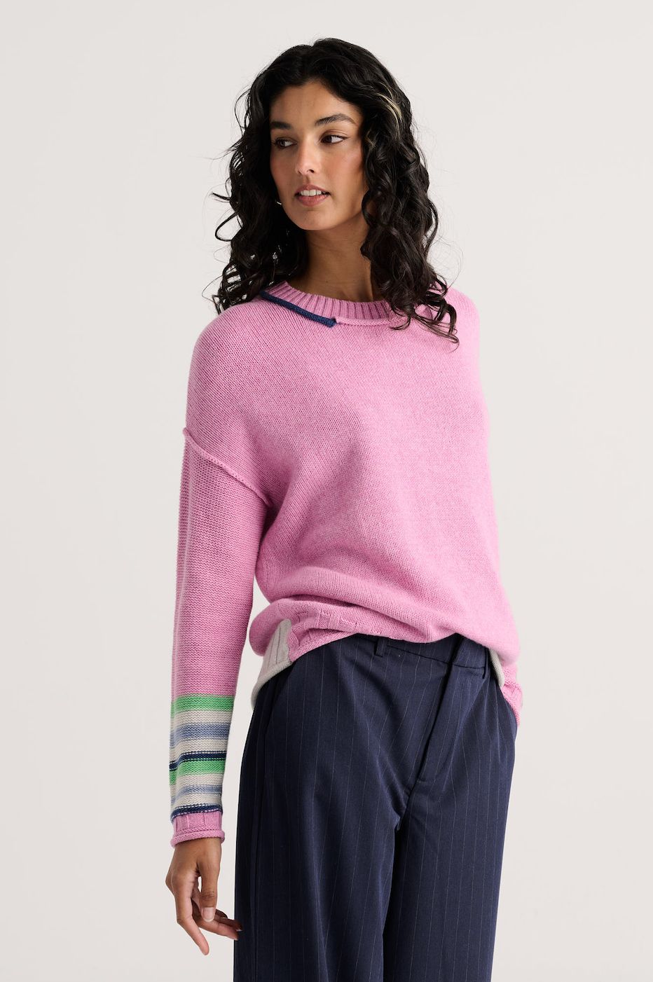 Pink Stripe-Sleeve Sweater