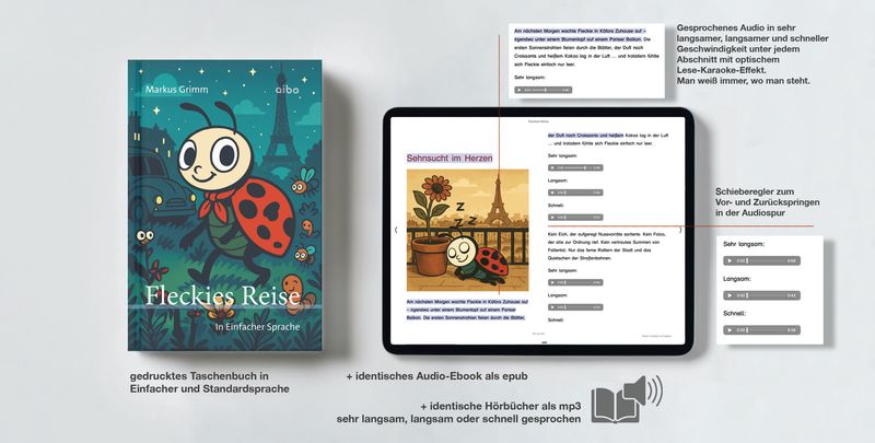 Standardsprache: Gratis-Testversion mit Auszug aus dem Print-Buch, den Hörbücher in sehr langsam, langsam und schnell vorgelesen und dem Audio-Ebook mit Tonspuren in sehr langsam, langsam und schnell.