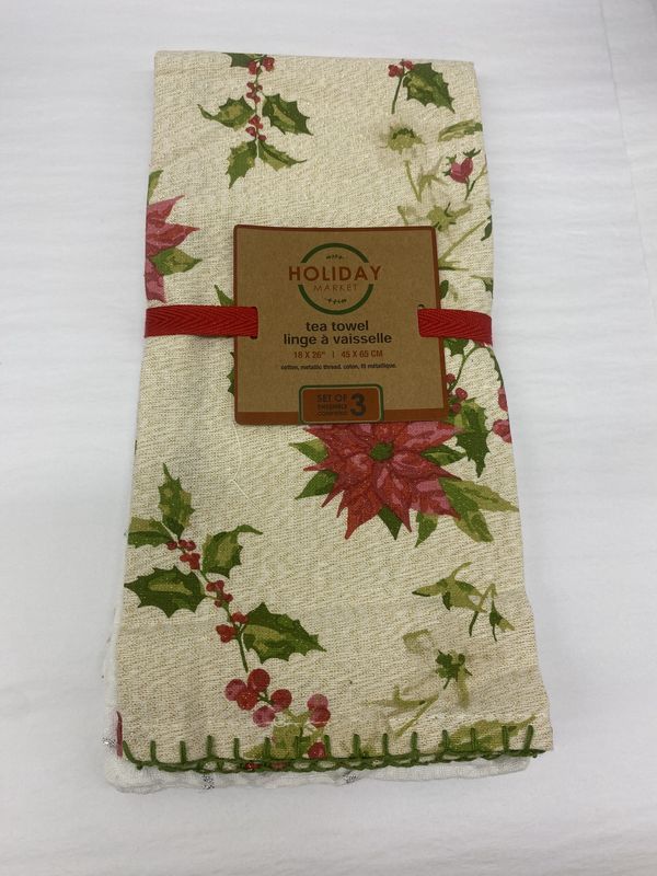 Shimmer Pointsettia Tea Towel Set Of 3 Red
