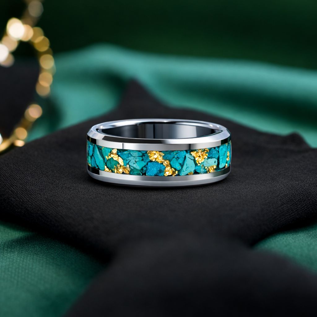 Tungsten Sunken Treasure Ring – Turquoise, Gold Leaf, Aqua Glow Inlay