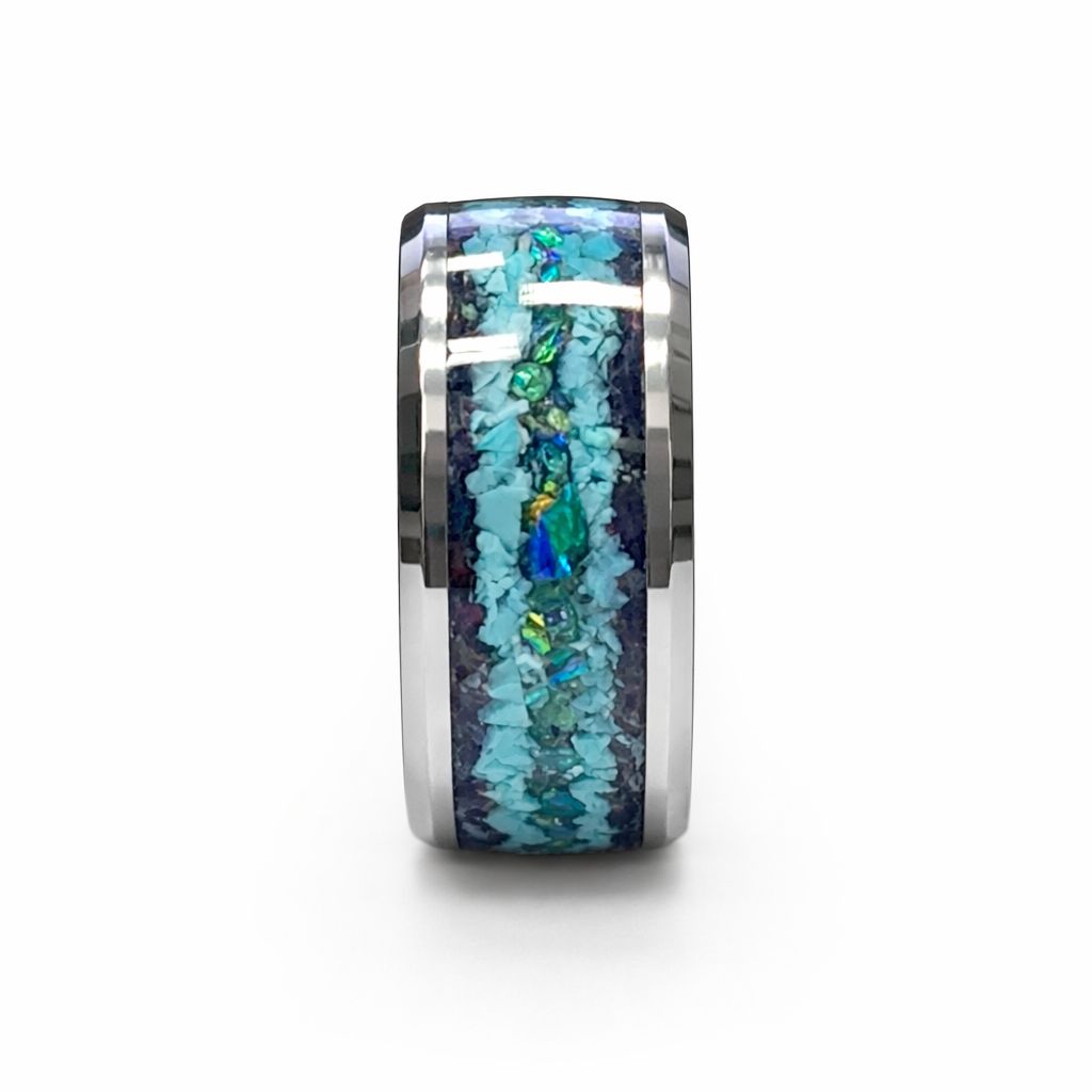 Dragon Tide Tungsten Ring – 12mm Dragon Scale Opal, Turquoise Inlay Men’s Band