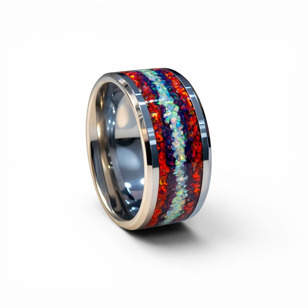 Crimson Nebula Tungsten Ring – 12mm Opal Inlay with UV Glow