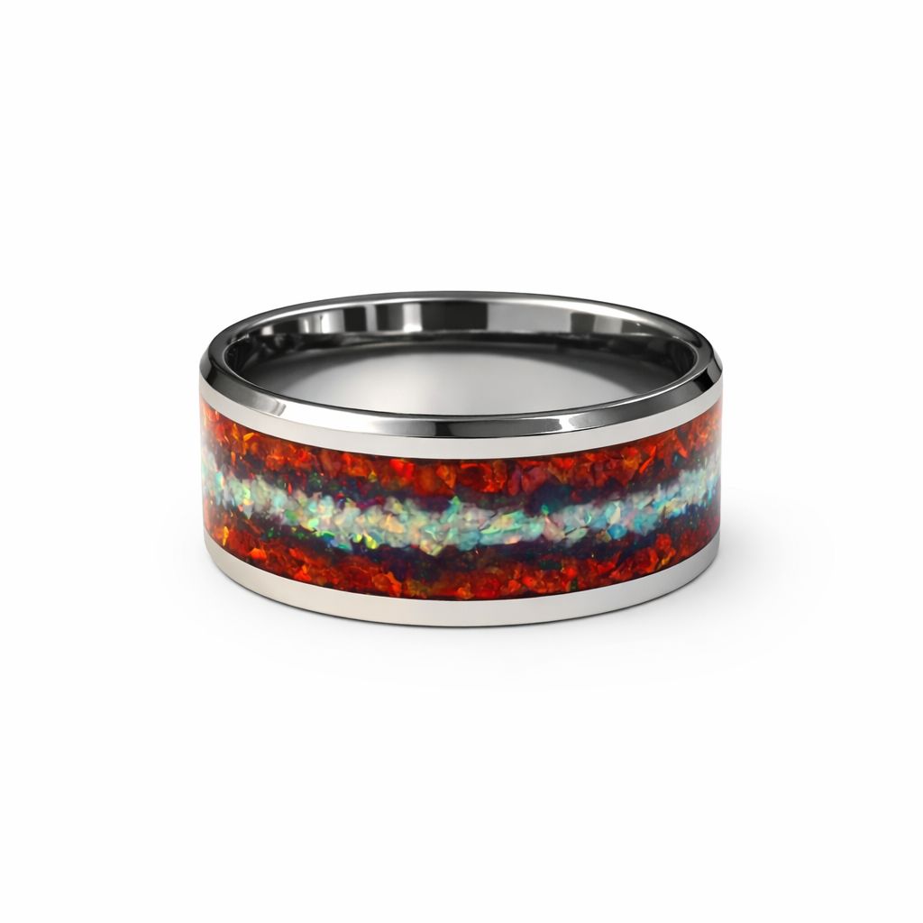 Crimson Nebula Tungsten Ring – 12mm Opal Inlay with UV Glow