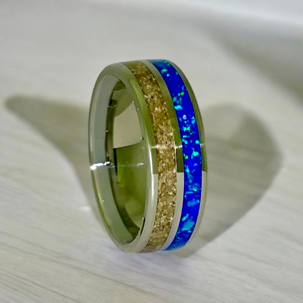 Azure Tide – Stainless Steel Ring with Blue Opal and Beach Sand Inlay – Coastal Inspired Design.