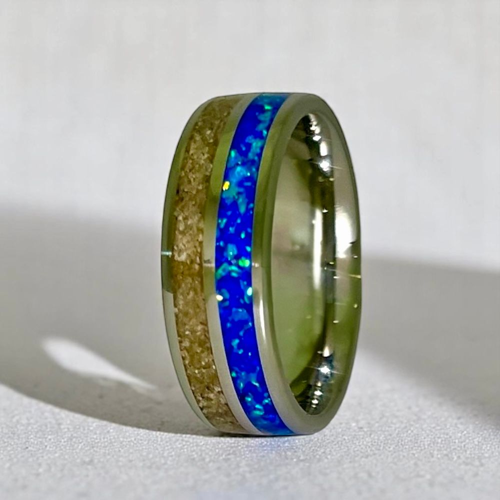 Azure Tide – Stainless Steel Ring with Blue Opal and Beach Sand Inlay – Coastal Inspired Design.